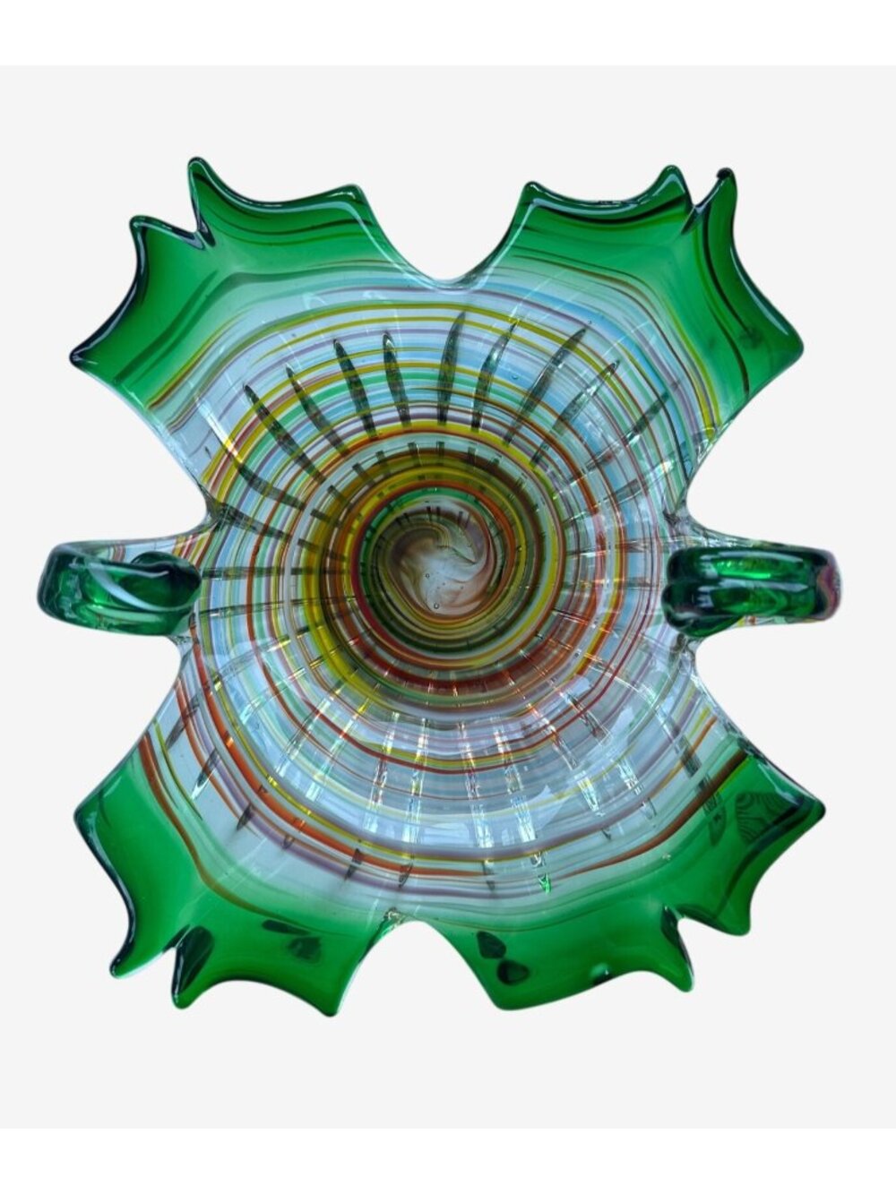 Mid-Century Murano Art Glass Bowl With Green Pinched Rim & Rainbow Spiral Center